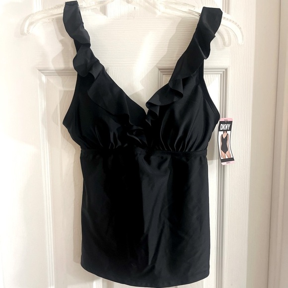 DKNY Ruffled V Neck Tankini Swimsuit Top‎ Womens Small Black Stretchy UPF NWT - Picture 2 of 11
